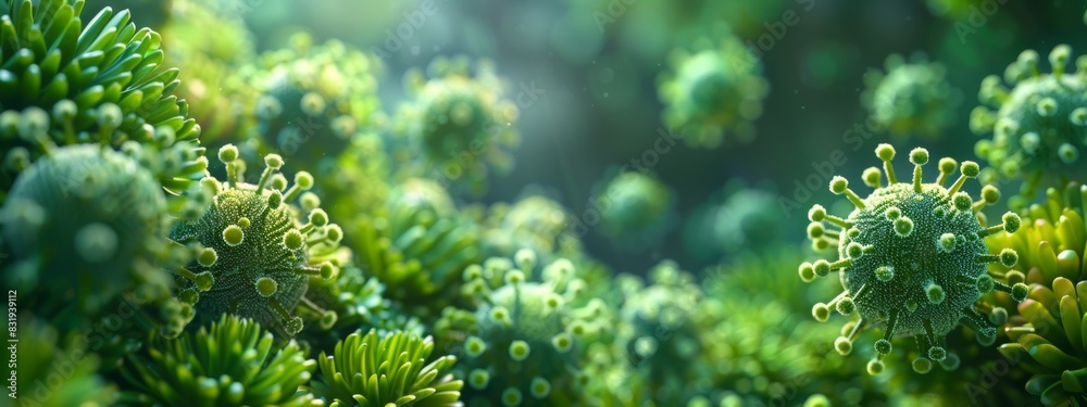 A high-resolution micrograph of virus particle. The image should be in green tone, with the spherical core and spiky protein envelope clearly visible. A high-resolution micrograph of virus particle. The image should be in green tone, with the spherical core and spiky protein envelope clearly visible.