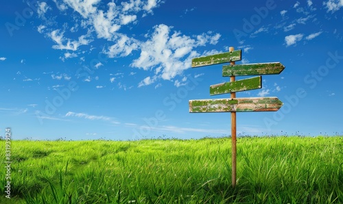 Directional wooden arrows on a post with a blue sky background and green grass at the bottom, concept of making decisions