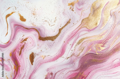 Wallpaper Mural A white background with pink and gold glitter swirls in the center, featuring an abstract pattern of marble and liquid textures. Torontodigital.ca