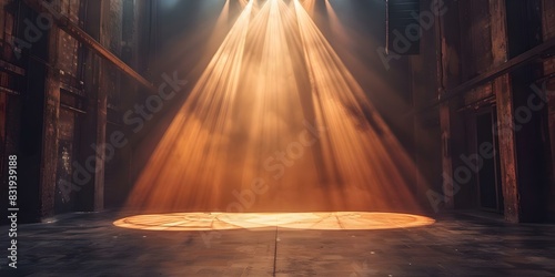 Stage lit with single spotlight hinting at upcoming performance or event. Concept Spotlight, Stage, Performance, Entertainment, Event photo