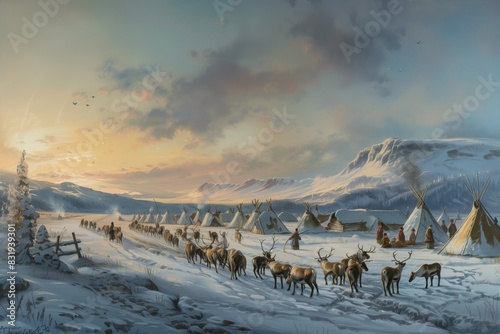 reindeer are located next to the yurt in winter