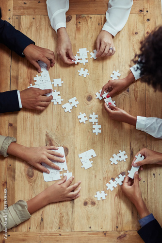 Fotografía People, puzzle and problem solving with teamwork, trust and partnership for workplace synergy