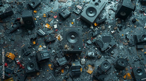 from above a black square music buffer dismantled in disorder in pieces as a mess , over a gray floor, cartoon pieces, waster technologies, posted on Reddit on 2018 photo