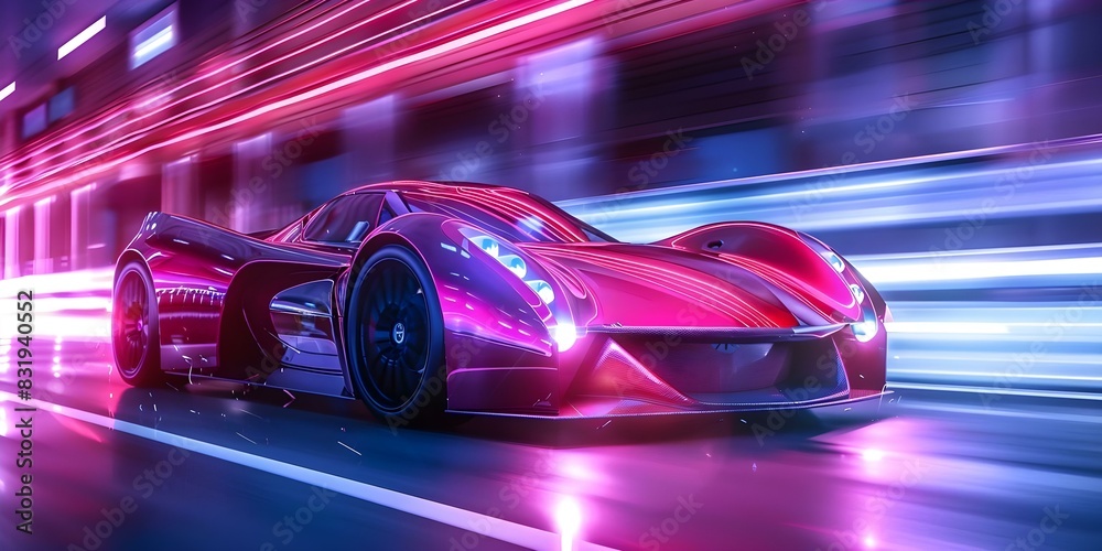 Embodying Hype Culture: A Futuristic Sports Car with Neon Lights and Powerful Acceleration. Concept Futuristic Sports Car, Neon Lights, Acceleration, Hype Culture, Urban Lifestyle