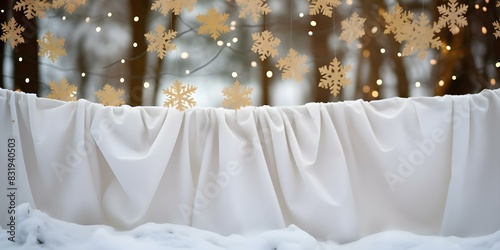 White sheets on a clothesline with snowwhite snowflakes. Concept Winter Wonderland, Snowy Landscape, White Sheets Photography, Snowflake Decorations, Cozy Outdoor Photoshoot photo