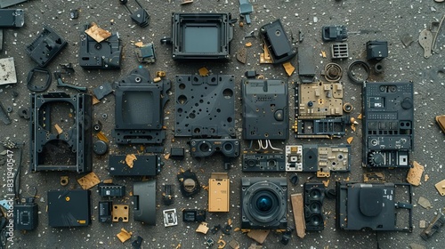 from above a black square music buffer dismantled in disorder in pieces as a mess , over a gray floor, cartoon pieces, waster technologies, posted on Reddit on 2018 photo