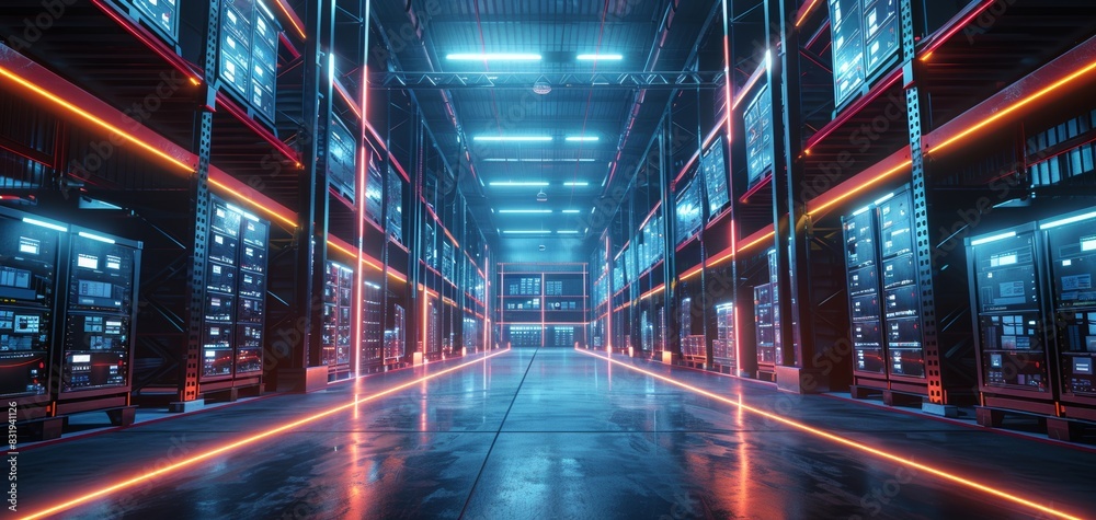 Futuristic data center with illuminated servers, showcasing advanced cloud computing technology and network infrastructure.