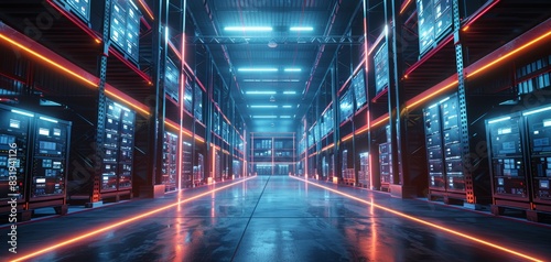 Futuristic data center with illuminated servers, showcasing advanced cloud computing technology and network infrastructure.