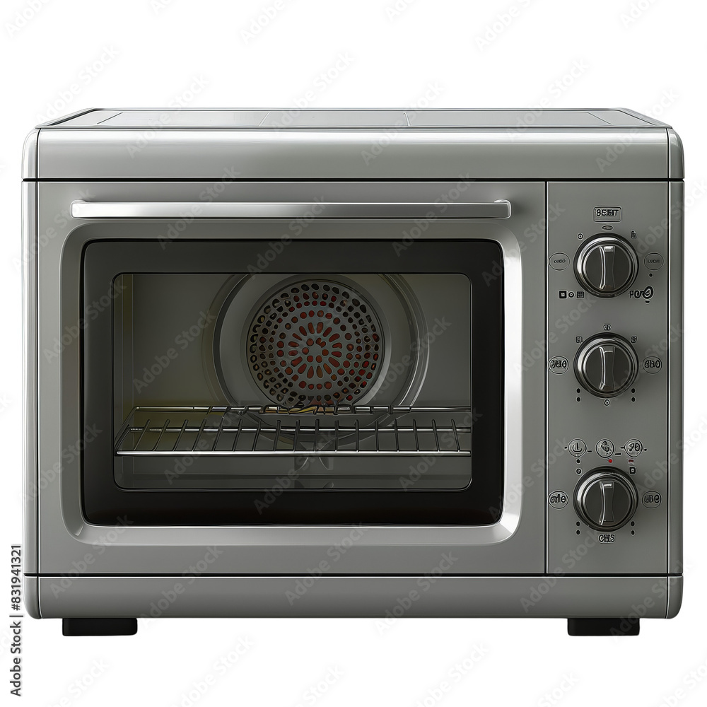 Fototapeta premium High-quality stainless steel convection oven with a glass door, control knobs, and an interior rack for baking and roasting.