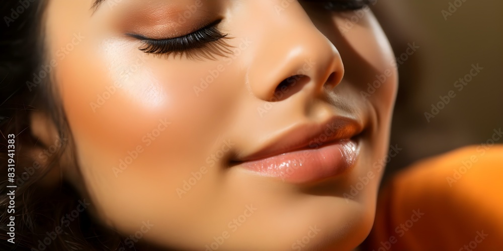 Close-up of a woman's face with vibrant orange eye shadow and one eye closed. Concept Makeup Artistry, Vibrant Eye Shadow, Close-Up Portraits, Beauty Photography, Bold Makeup