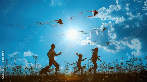 A silhouette of a family flying kites in an open meadow. The parents and children are seen running with their kites soaring high against the backdrop of a clear blue sky. The dynamic movement and photo
