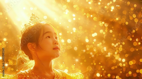 A scene featuring a young girl in a bright gold princess frock with a glowing golden crown, against a gold glitter background that shimmers like sunlight.