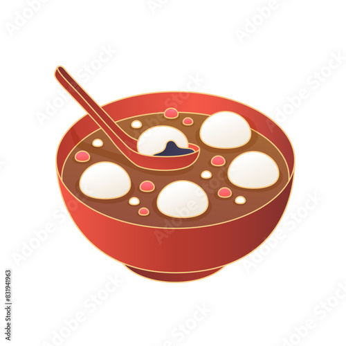 A bowl of glutinous rice balls with a spoon