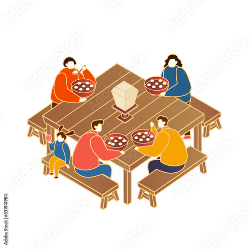 Adults and kid sitting by a big table having the glutinous rice ball