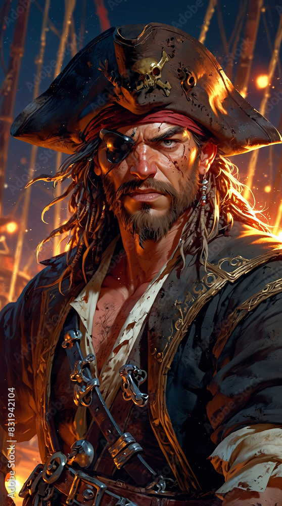 Pirate Captain, A rugged pirate with a weathered face and a tricorn hat