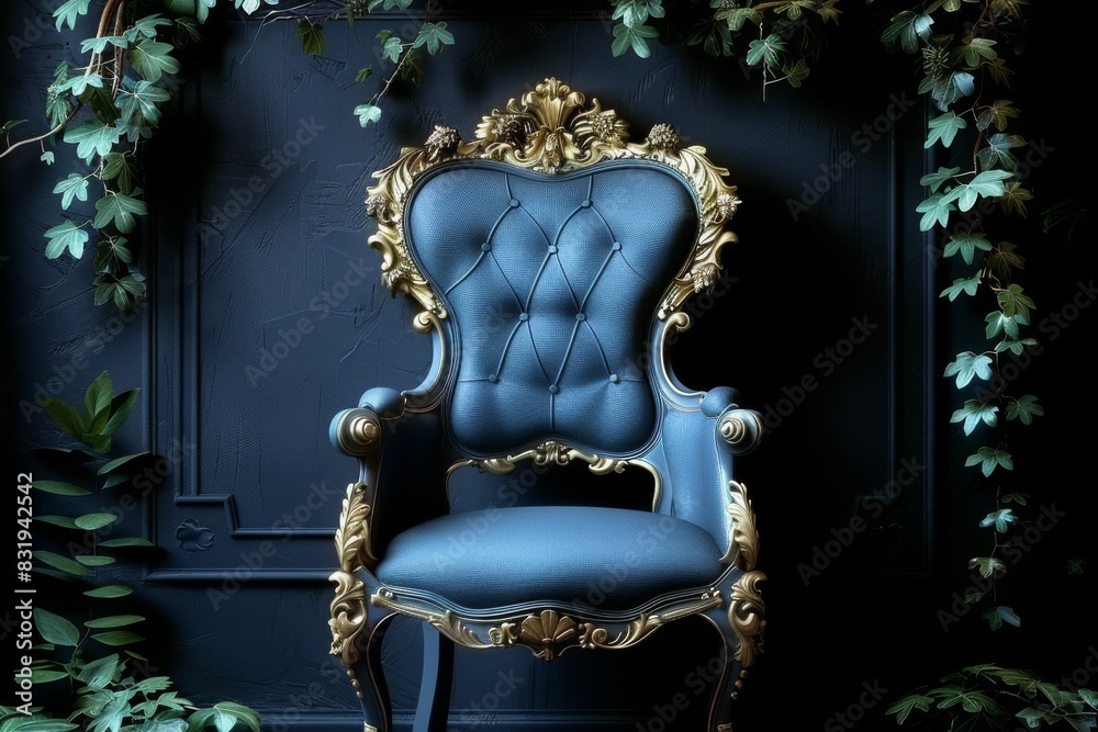 Elegant blue armchair with gold accents, surrounded by green plants, creating a sophisticated and luxurious setting Elegant blue armchair with gold accents, surrounded by green plants, creating a sophisticated and luxurious setting