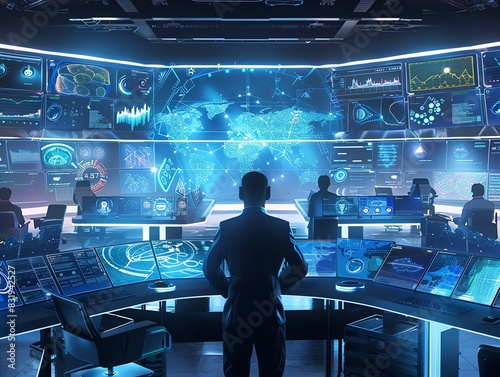 Futuristic command center with advanced technology, multiple screens, and professionals monitoring data and operations in a high-tech environment.