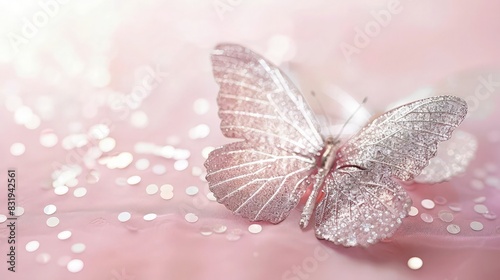A soft baby pink background with a shimmering silver butterfly, sparkling gently, ideal for a baby girl birth announcement.