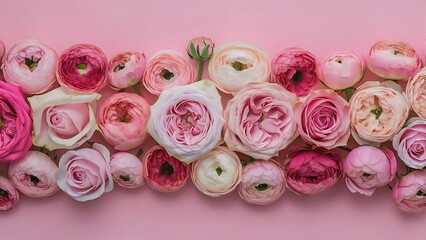 Flowers composition border pattern made of roses and ranunculus flowers on pink background flat lay top view