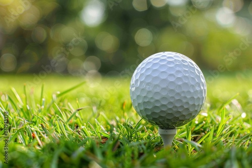 Close-up golf ball on tee with blur green bokeh background. ai generated