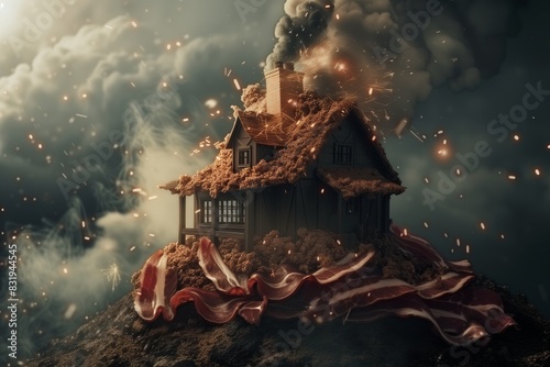 A cartoon fairy tale house made of meat stands on a hill photo