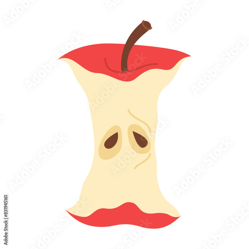 Red  Apple Core. Hand drawn trendy flat style isolated on white. Apple eaten cartoon image art. Healthy vegetarian snack, apple core for design, infographic. Vector illustration