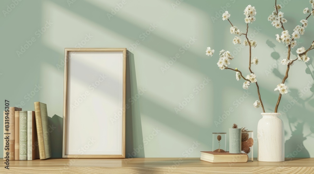 mockup of blank wooden frame with copy space on the table in modern interior design, vase flowers and books on soft pastel green wall background. Concept of interior decoration and furniture design. mockup of blank wooden frame with copy space on the table in modern interior design, vase flowers and books on soft pastel green wall background. Concept of interior decoration and furniture design.