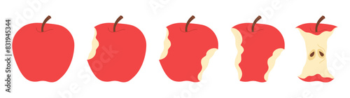 Apple eating steps cartoon icon set. Stages of biting red ripe apple from whole to half and core, bite progression cartoon set sequence animation of eaten fruit. Trendy flat style vector illustration