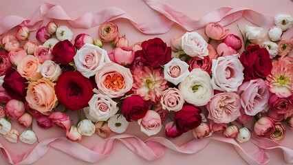 Flowers composition border pattern made of roses and ranunculus flowers on pink background flat lay top view
