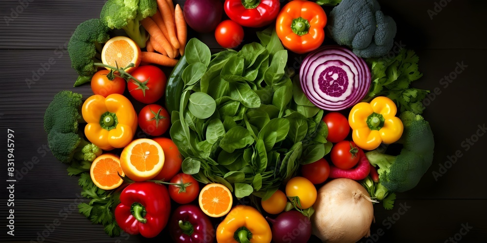 Circular arrangement of vibrant fruits and vegetables on a dark background. Concept Food Photography, Vibrant Display, Circular Arrangement, Dark Background, Fruits and Vegetables