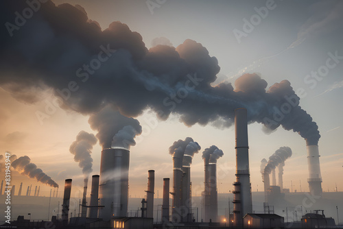 Industrial Smoke Stacks. A dramatic image capturing multiple industrial smoke stacks emitting thick plumes of smoke into a dark  cloudy sky.