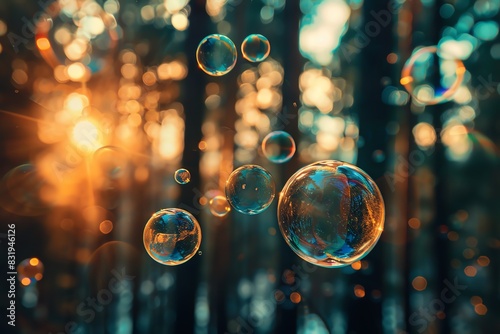 Close-up of soap bubbles floating in sunlight with a forest background, creating a dreamy and magical atmosphere in nature. photo