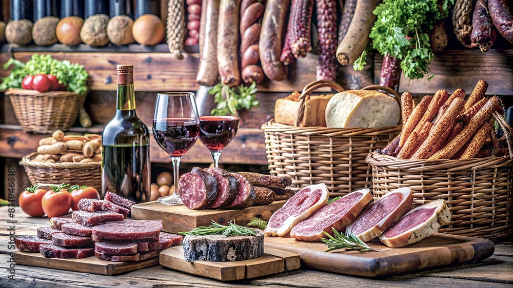 A farm store showcases a rich array of fresh meats, sausages, and produce. Paired with a selection of wines, the counter is a testament to the culinary richness of farm-fresh goods. A farm store showcases a rich array of fresh meats, sausages, and produce. Paired with a selection of wines, the counter is a testament to the culinary richness of farm-fresh goods.