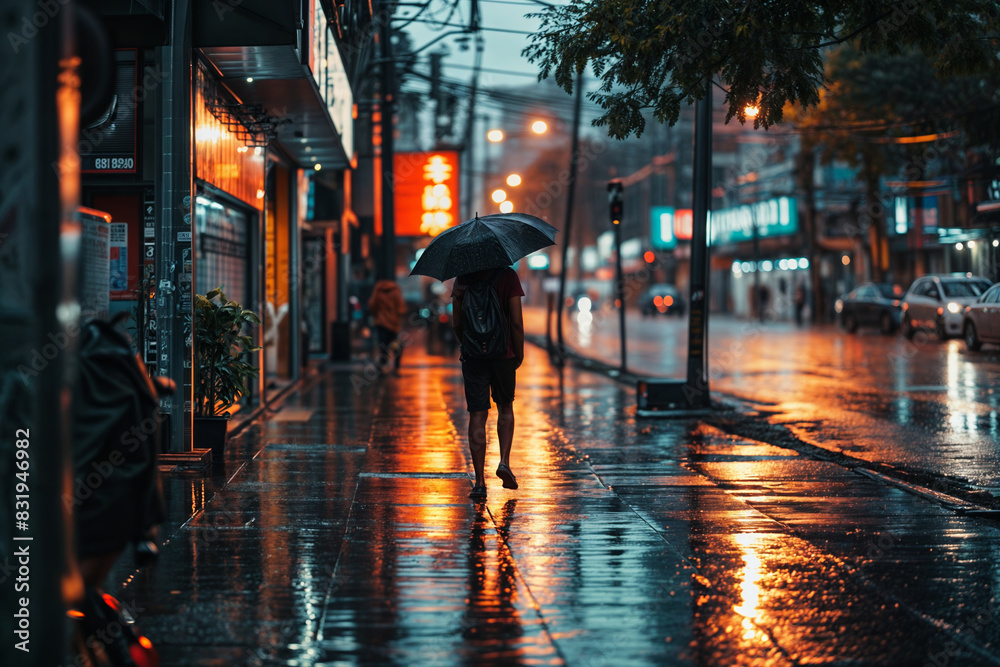 A person walking with an umbrella through a neon-lit city street at night, reflecting on the wet pavement during a rain shower