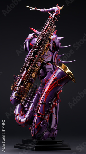 a close up of a saxophone on a stand with a bird on top