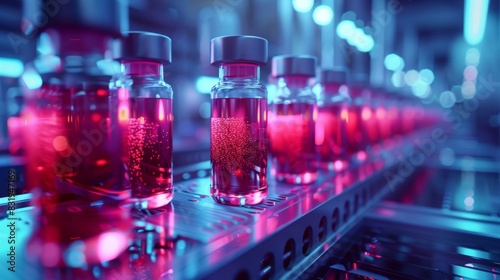 Close-up of red liquid vials in a scientific laboratory setting, showcasing modern pharmaceutical or medical research and development equipment.