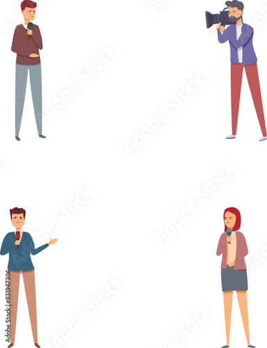 Journalistic reporting icons set cartoon vector. Journalist broadcasting live. Live reporting