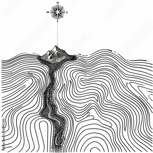 a black and white drawing of a mountain with a star on top