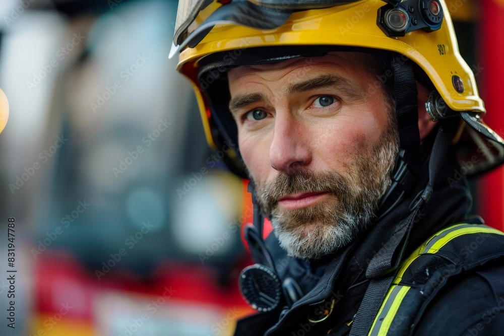 Close-up of a mature firefighter wearing a helmet, with a focused and determined expression