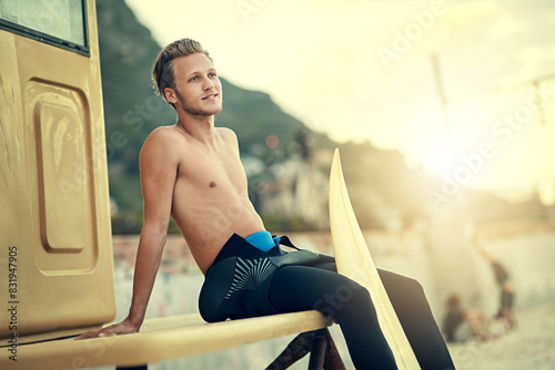 Photography Surfer, thinking and man at beach to travel on adventure in Australia and relax in summer, holiday or vacation