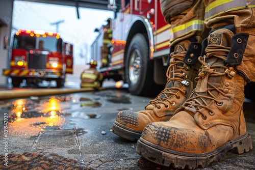 Close-up of well-worn firefighter boots with a clear focus, fire truck and equipment blurry in the backdrop