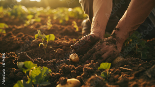 someone is digging a potato in a field with their hands photo