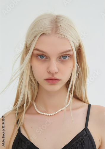 blond woman with long hair wearing a black dress and a pearl necklace