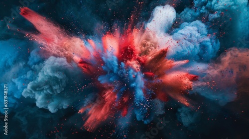 Explosion splash of colorful powder with freeze isolated on black background, abstract splatter of colored dust powder. photo
