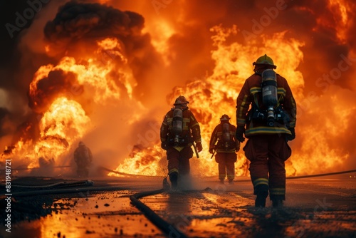 Dramatic scene of firefighters walking into an intense inferno, highlighting the danger and courage inherent in their work