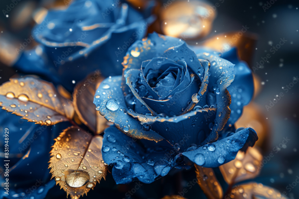 fresh blue roses close up, water on petals with gold texture fresh blue roses close up, water on petals with gold texture