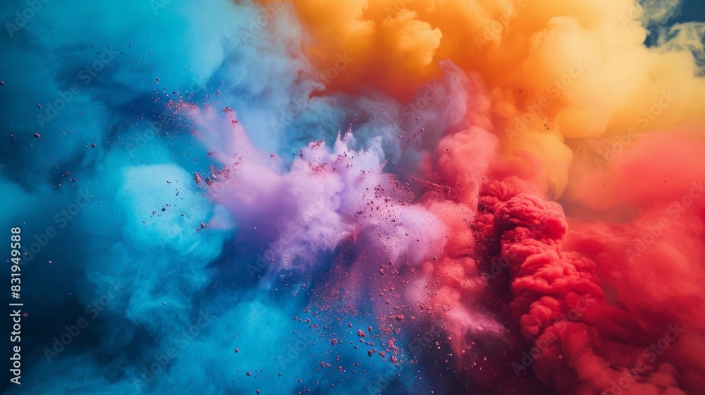 Holi Powder festival background. Explosion of colored powder isolated on black background, top view