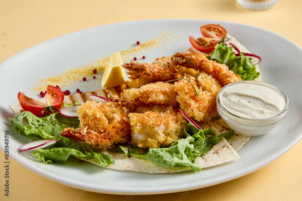 Tempura shrimp with tartar sauce on a bed of lettuce, presented on a white plate with lemon and tomato accents, against a soft yellow backdrop