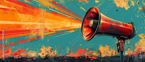 Artistic rendering of a red megaphone with vibrant colors, symbolizing communication and voice amplification in a dynamic style.
