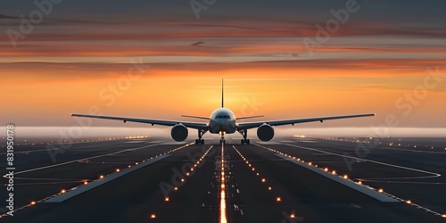Travel and Transportation: Airplane on Airport Runway at Sunset. Concept Airplane, Airport, Sunset, Transportation, Travel
